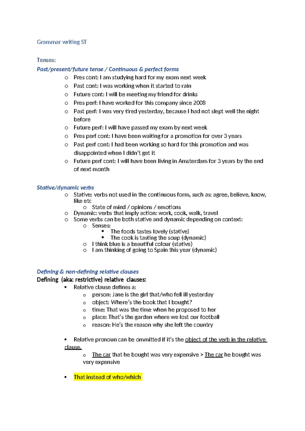 Grammar Writing Notes - VT: Tenses, Clauses, and More - Studeersnel
