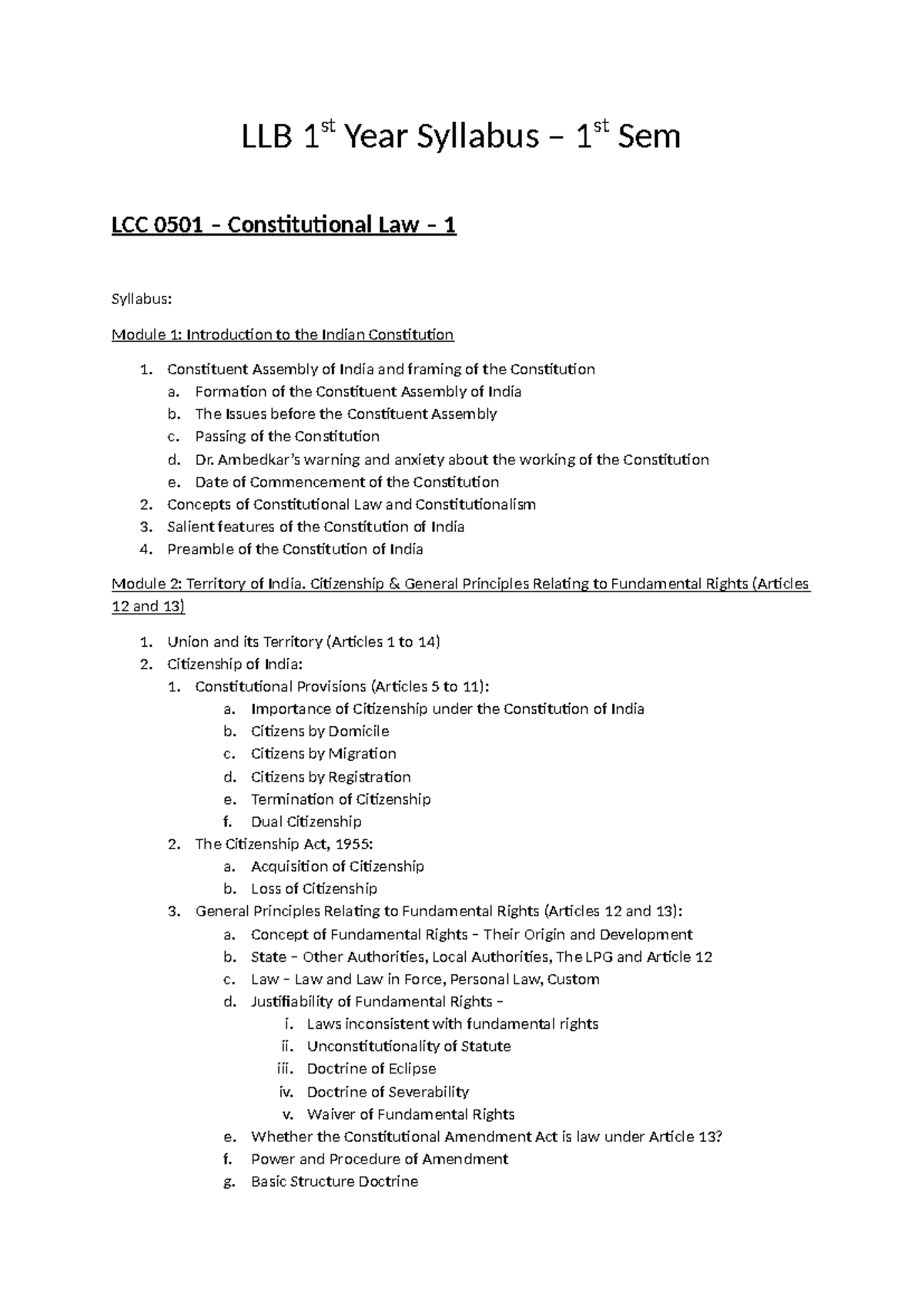 LCC 0501 Constitutional Law 1: 1st Sem Syllabus Overview - Studocu