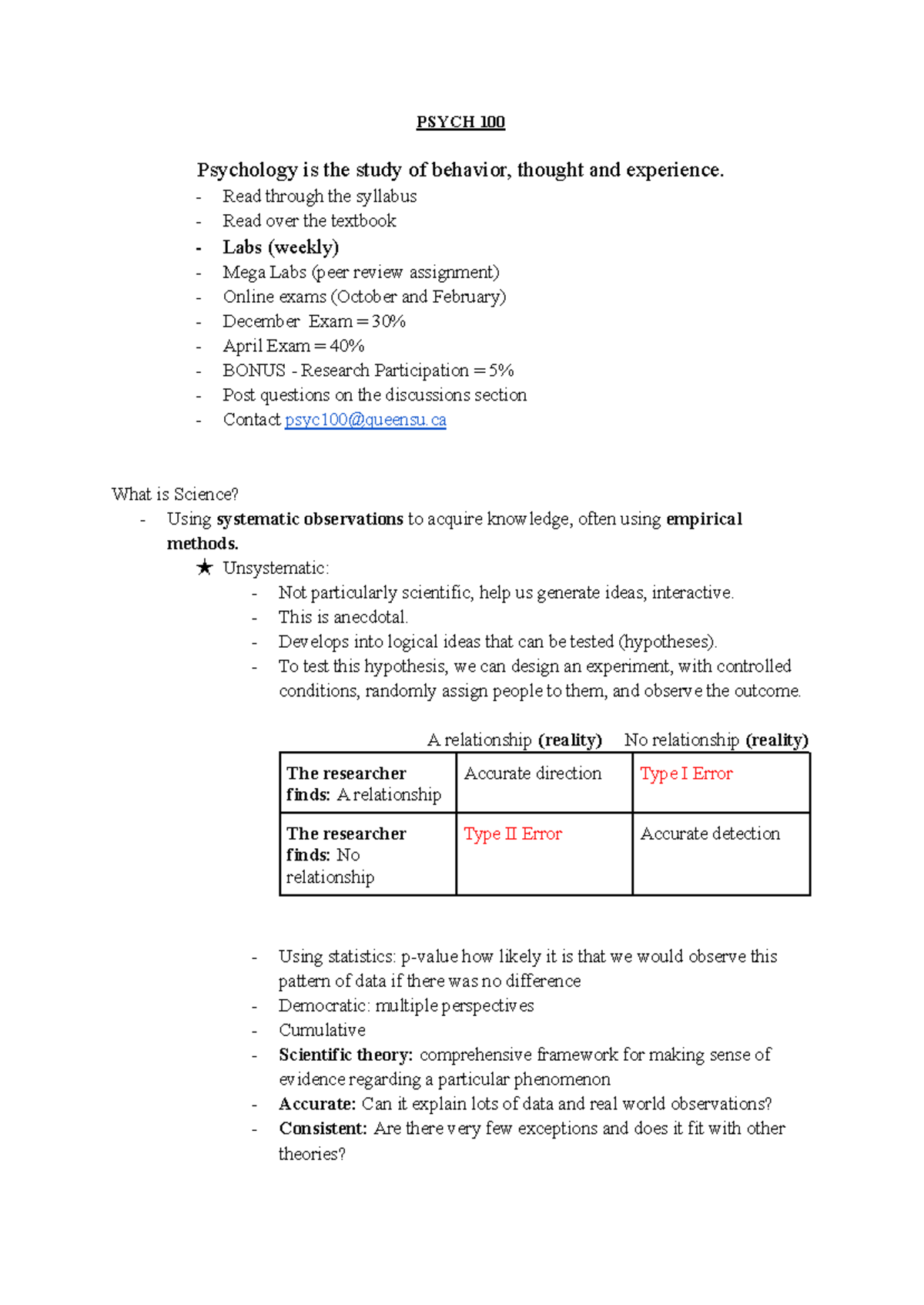 Psychology 100 Notes: Readings and Lectures - Psyc 100 - Queensu - Studocu