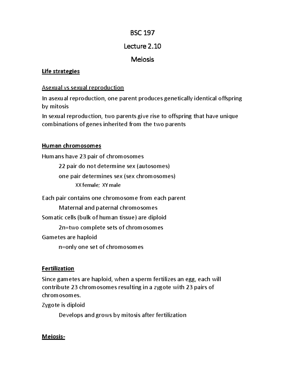 BSC 197 Lecture 2.10: Meiosis and Genetic Variation Overview - Studocu