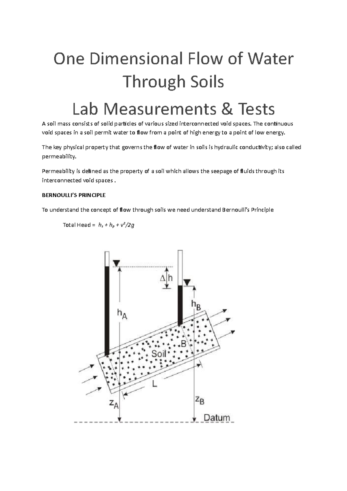 One Dimensional Flow of Water Through Soils - One Dimensional Flow of ...