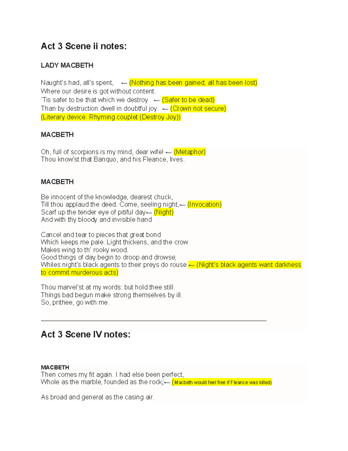 Act 3 Macbeth Notes: Key Themes, Literary Devices, and Analysis - Studocu