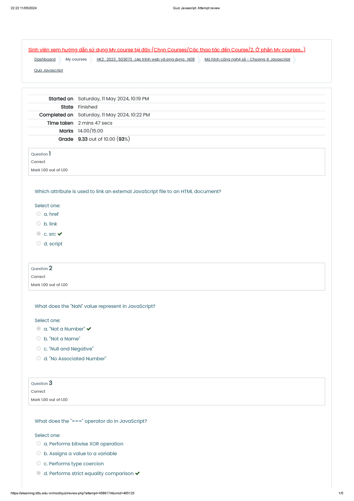 Quiz Javascript Attempt review - Sinh viên xem hướng dẫn sử dụng My ...
