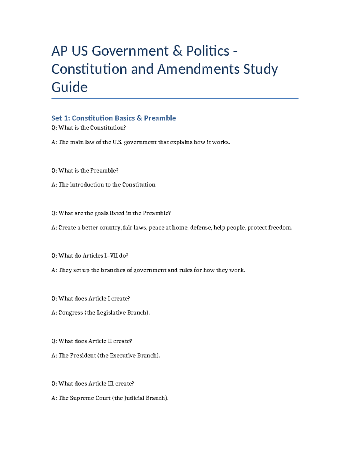 AP US Gov & Politics: Constitution and Amendments Study Guide Set 1-9 ...