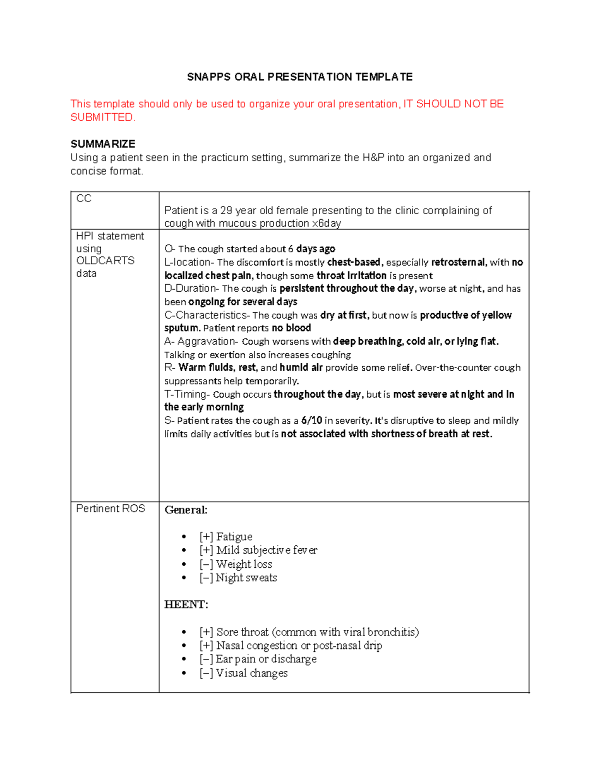 SNAPPS Oral Presentation Template for Patient Case Analysis - Studocu