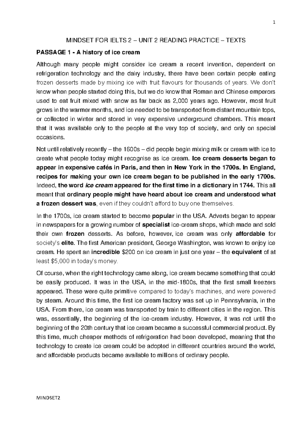 MINDSET 2 Unit 2 Reading Practice: Ice Cream & Chocolate History - Studocu