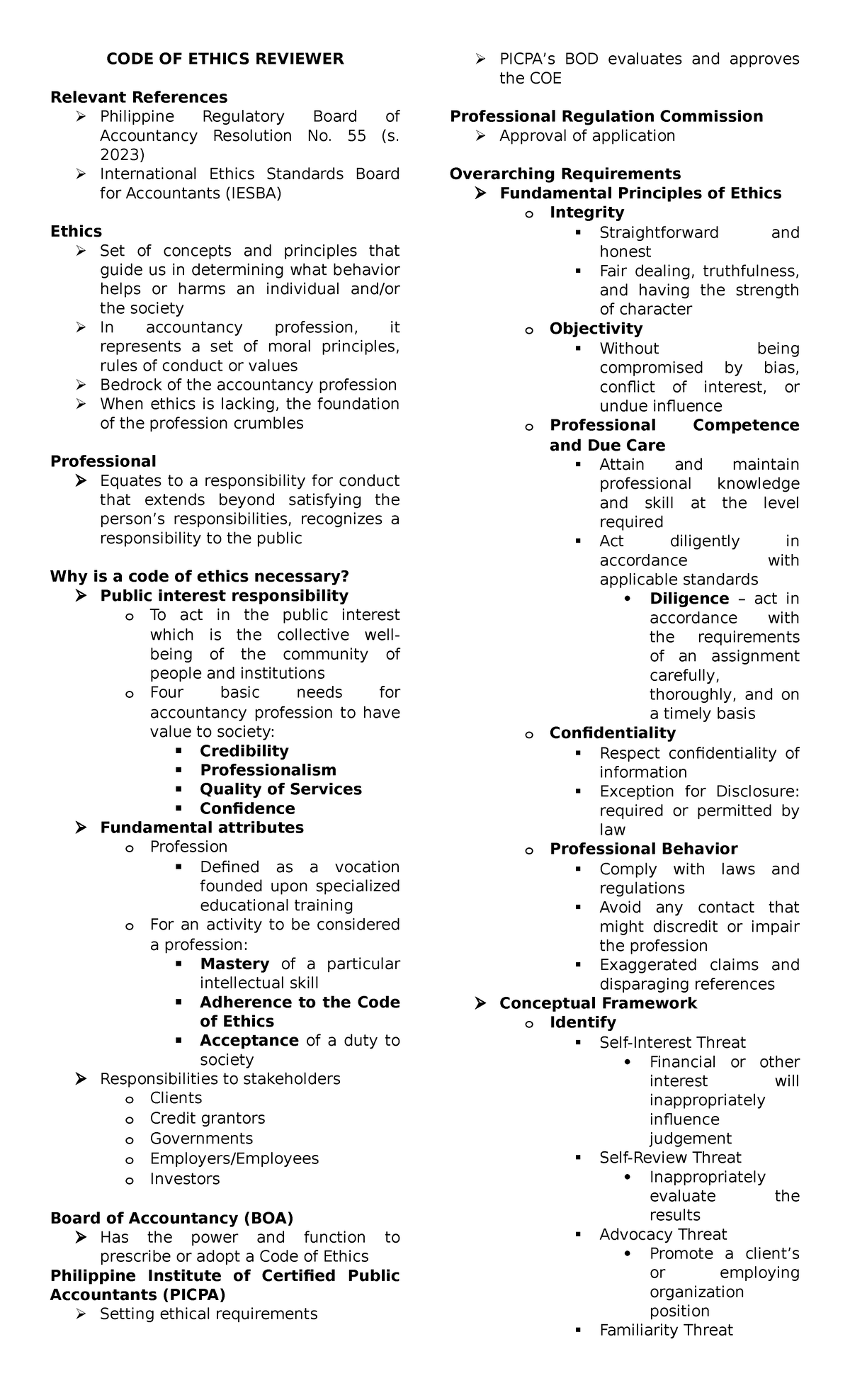 CODE OF ETHICS REVIEWER: Principles & Framework for Accountancy - Studocu
