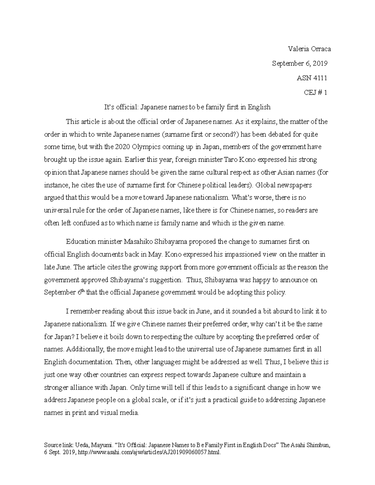 ASN 4111 CEJ #1: Japanese Surname First Policy and Cultural Respect ...