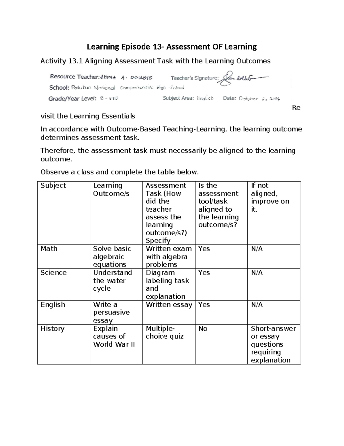 Learning Episode 13: Assessment of Learning Outcomes in Teaching - Studocu