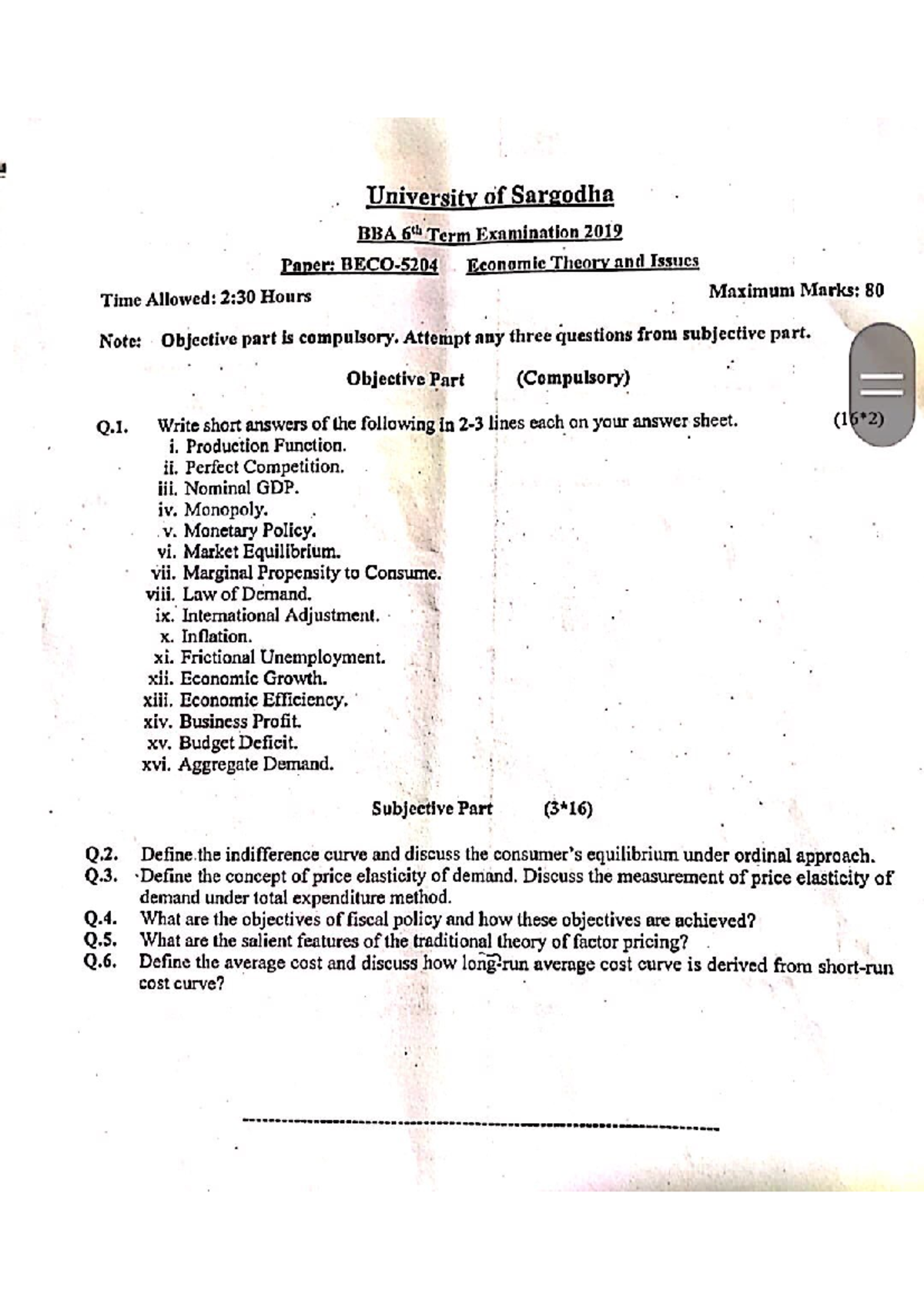 BBA 6th Term Past Papers: Economic Theory & Issues (2019-2024) - Studocu