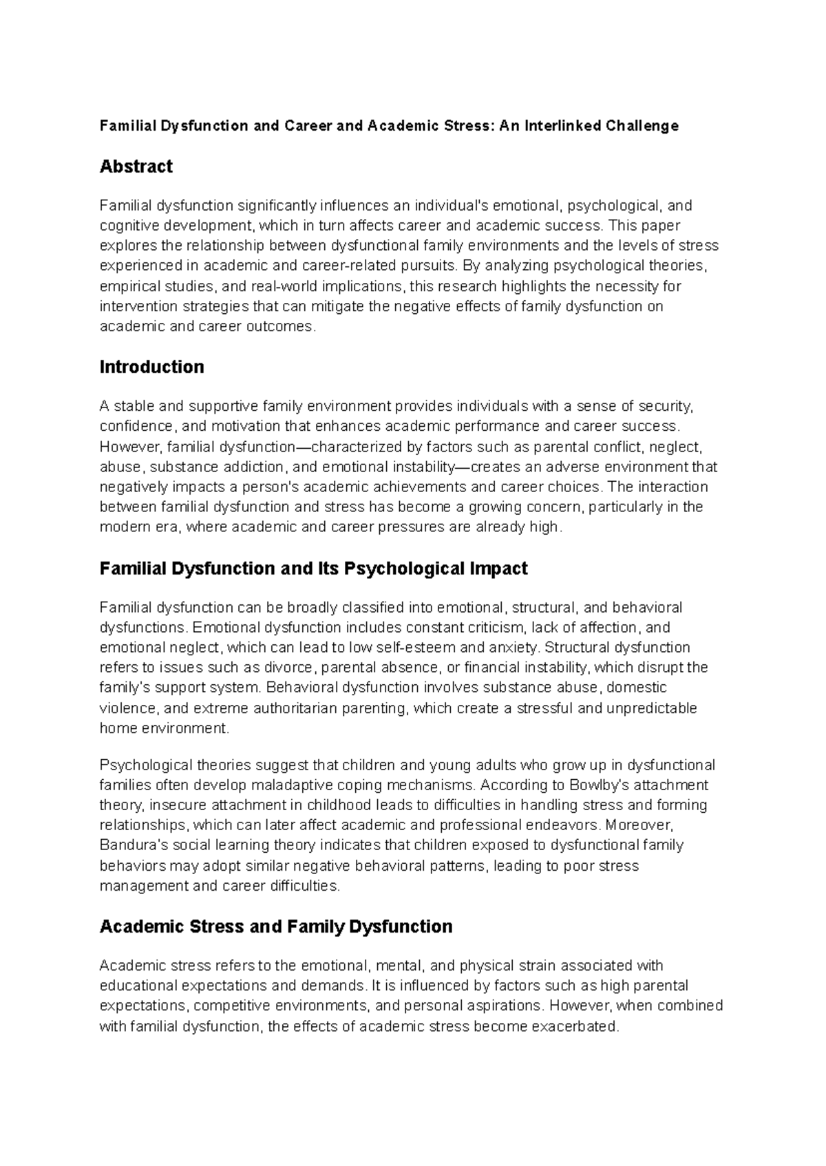 Familial Dysfunction and Its Impact on Academic & Career Stress - Studocu