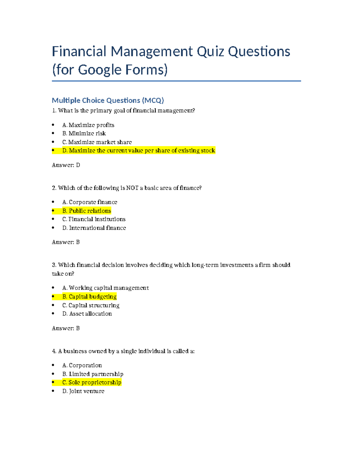 Financial Management Quiz Questions (FIN 101) - MCQs & True/False - Studocu