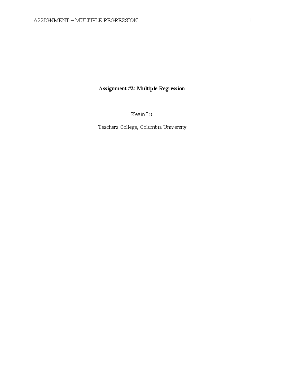 Multiple Regression and Anova Assignment - Assignment #2: Multiple ...