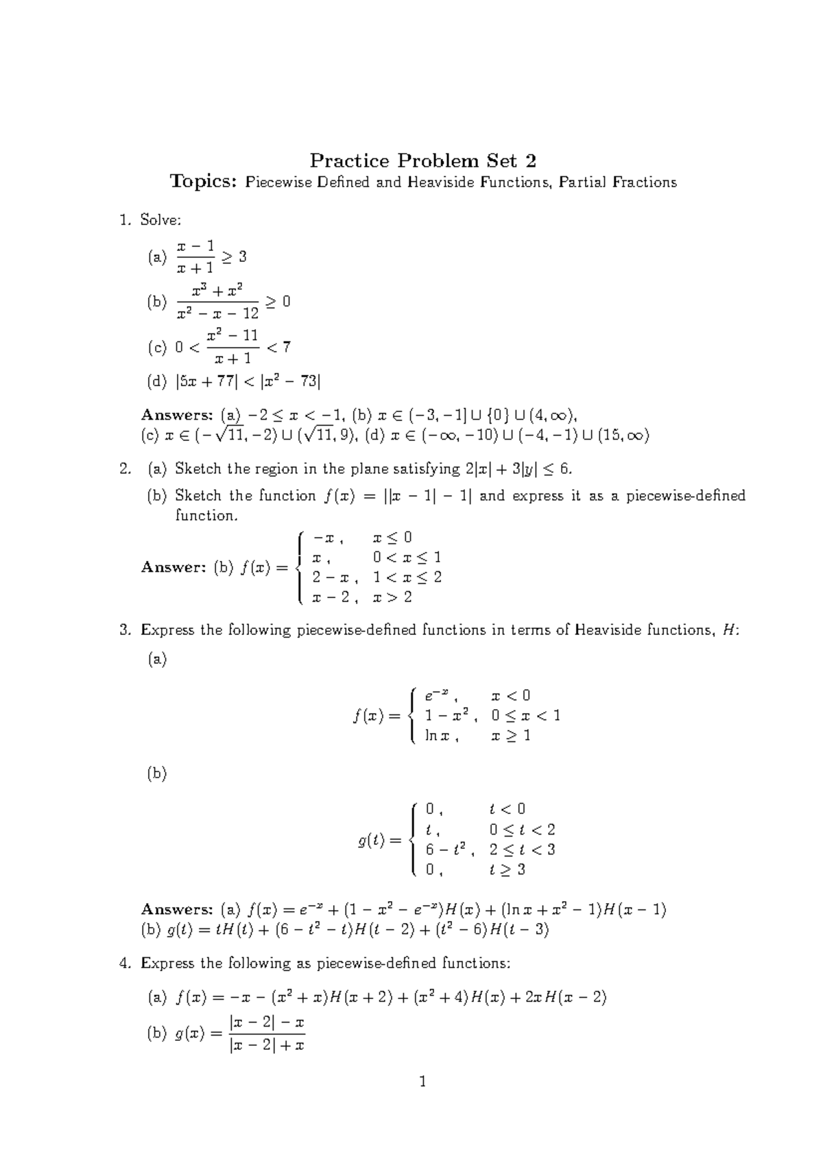 Problem Set 2: Piecewise Functions & Heaviside Functions - Studocu