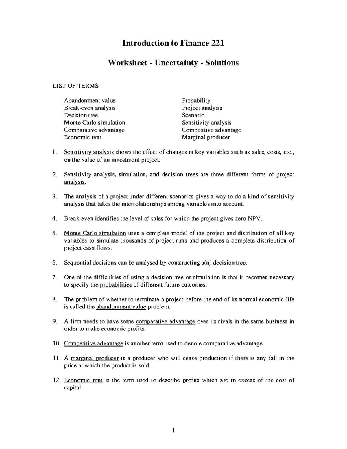 FIN 221 Practice Exam 2014: Uncertainty & Project Analysis Solutions ...