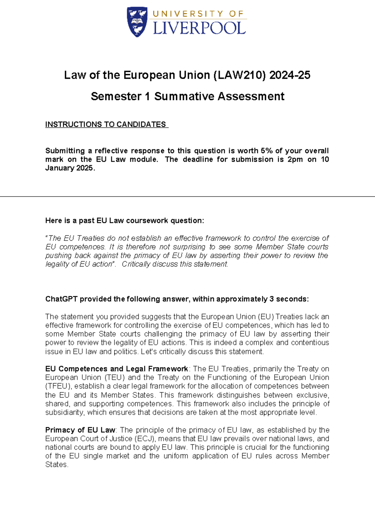 LAW210 EU Law 2024-25 Semester 1 Summative Assessment Guide - Studocu