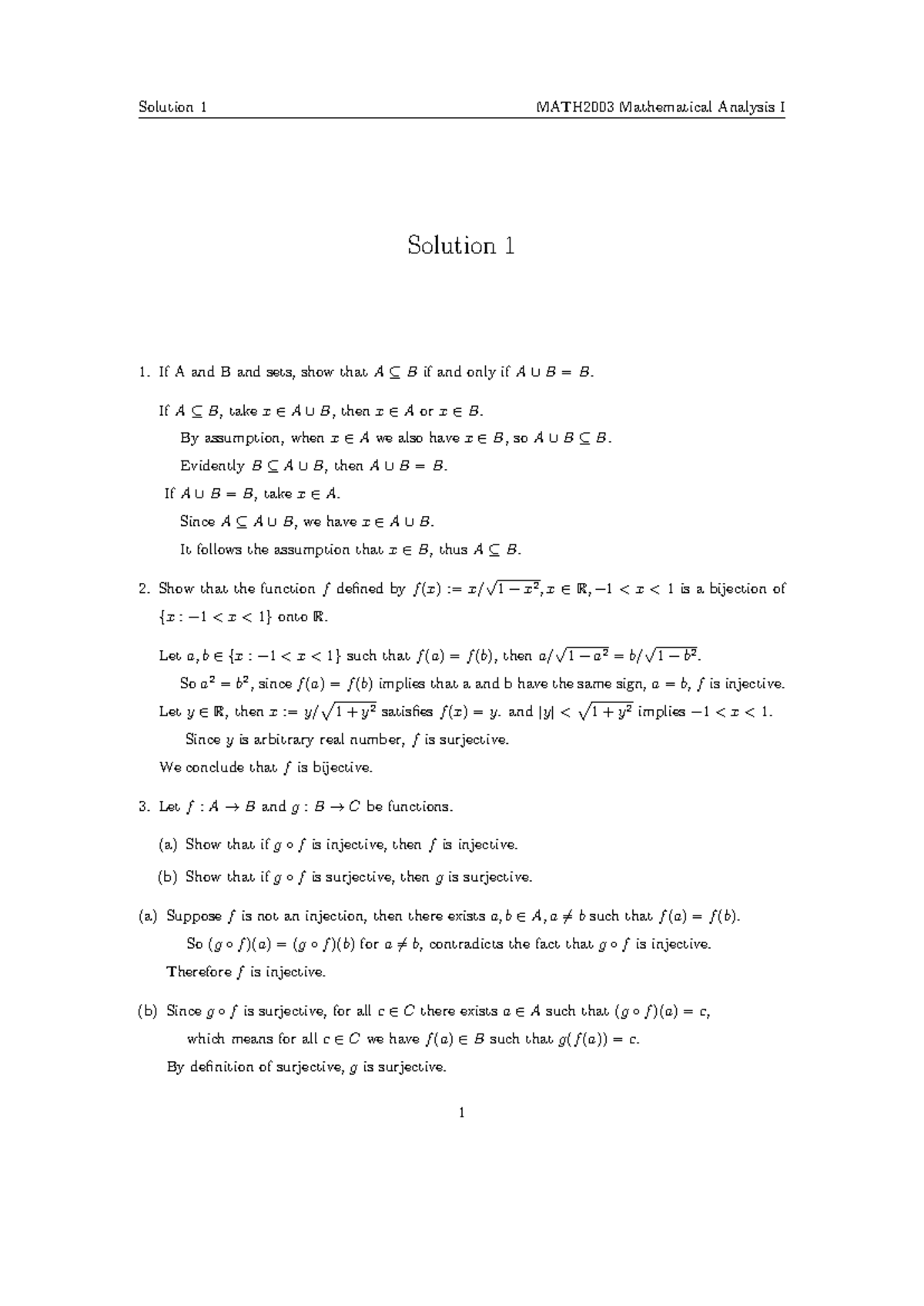 Assignment Solution 1 for MATH2003: Mathematical Analysis I - Studocu