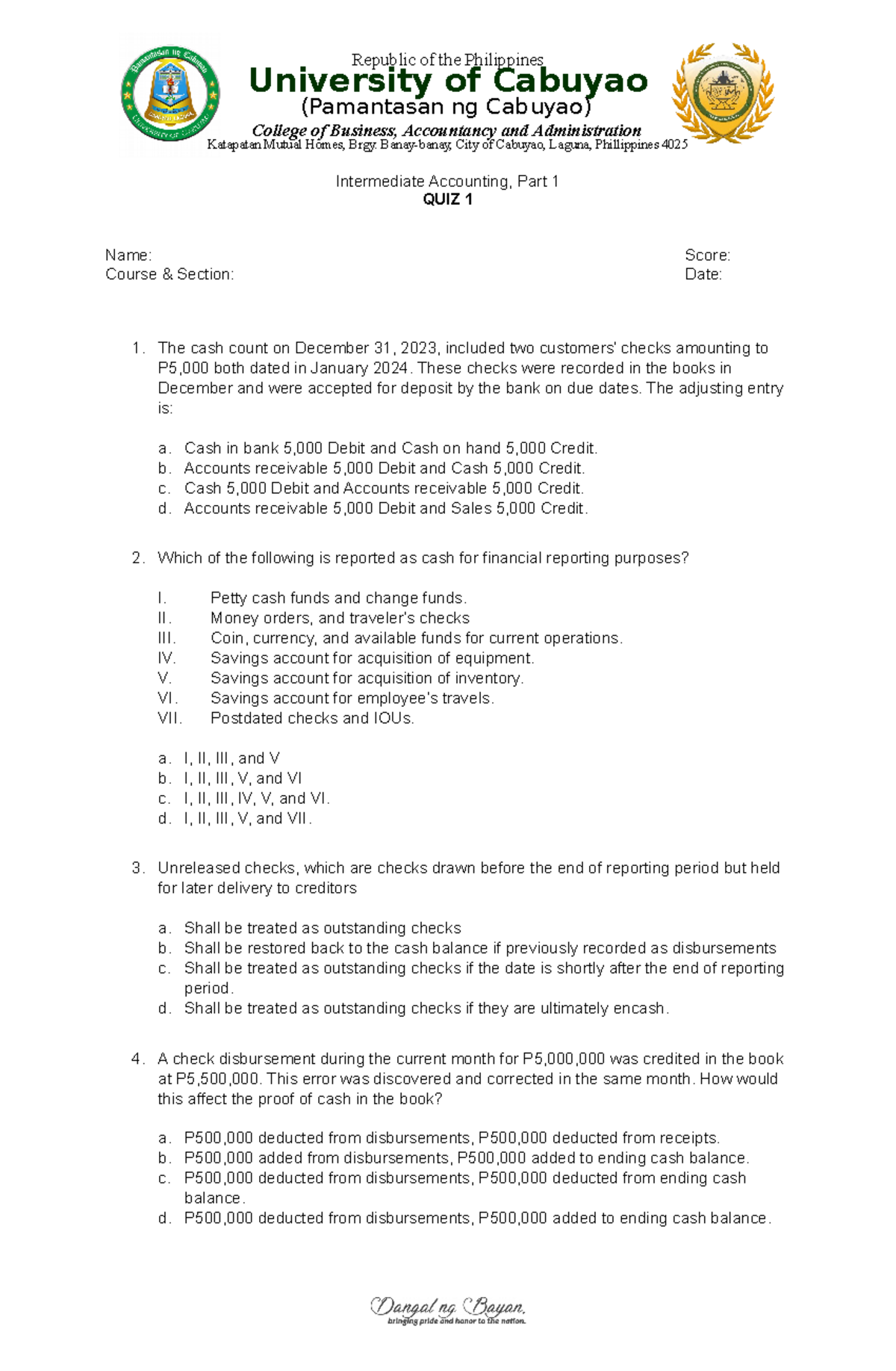 Quiz 1 IA - Intermediate Accounting Part 1 Review and Solutions - Studocu