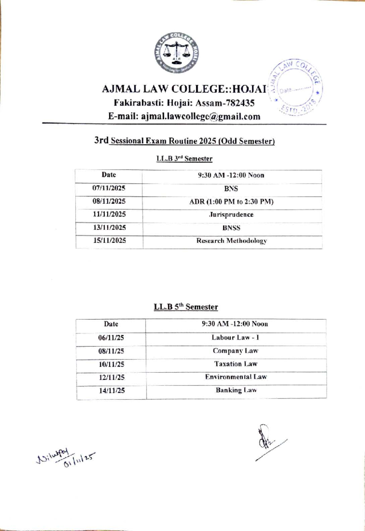 Ajmal Law College 2025 Odd Semester Sessional Exam Routine - Studocu