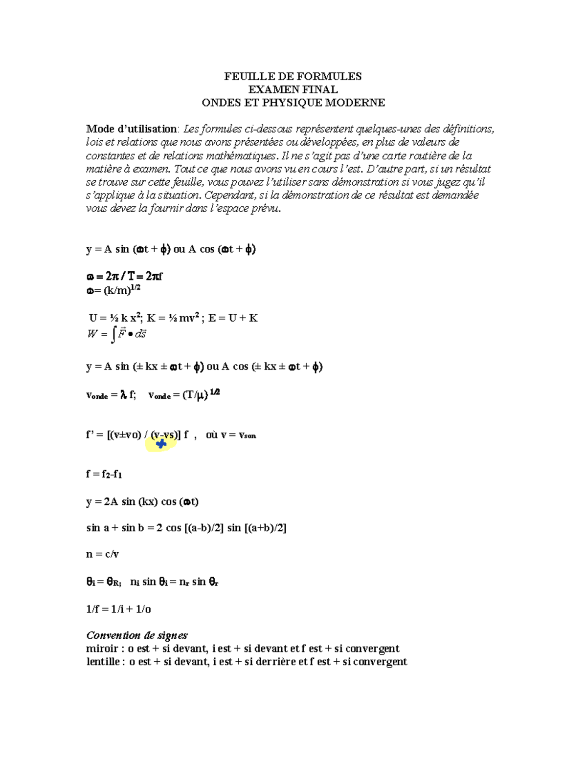 Feuille de Formules - Examen Final Ondes et Physique 2022 - Studocu