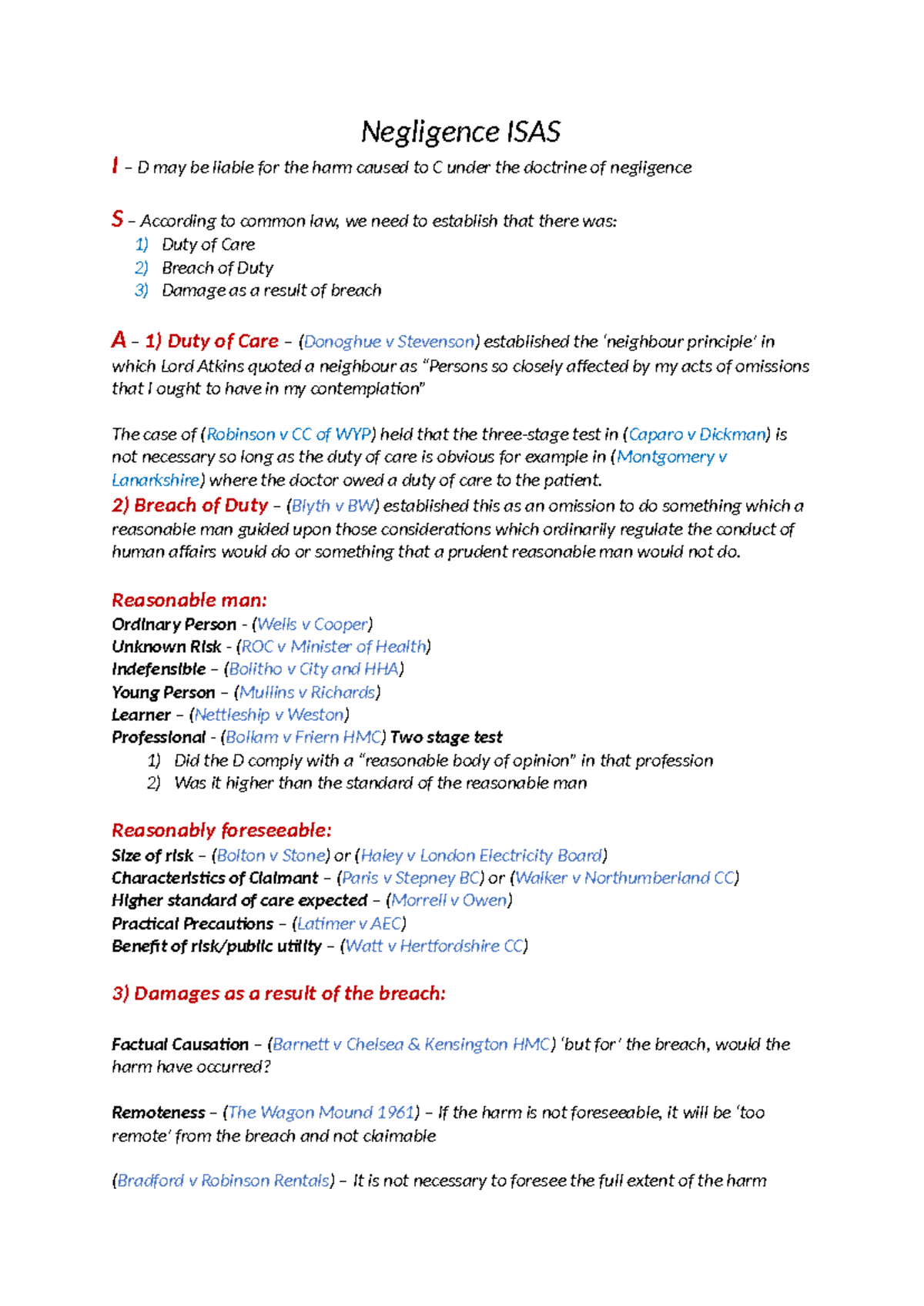 Negligence ISAS Study Notes: Legal Principles & Case Law Analysis - Studocu