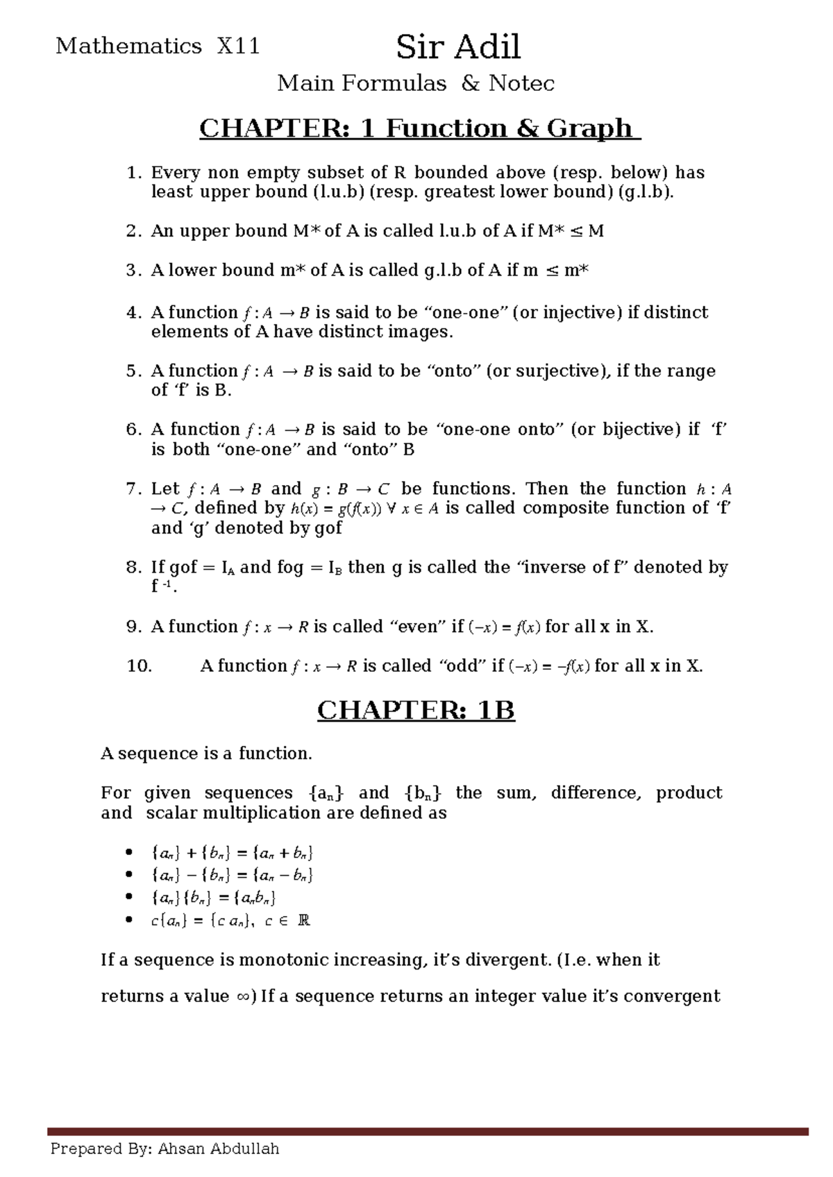 Mathematics X11 Year FB Sir Adil Essential Formulas and Notes - Studocu