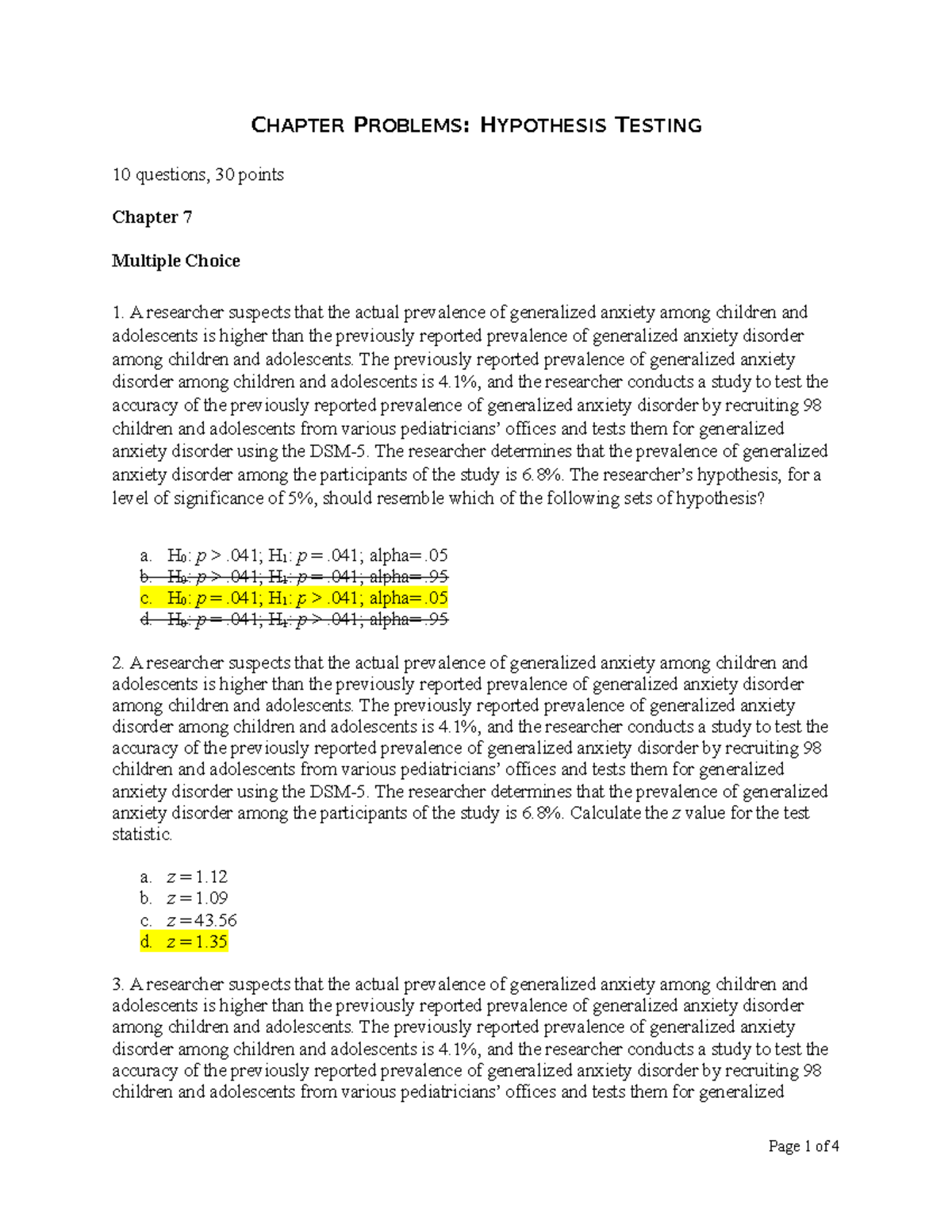 Chapter 7 Problems on Hypothesis Testing (30 Points) - Studocu