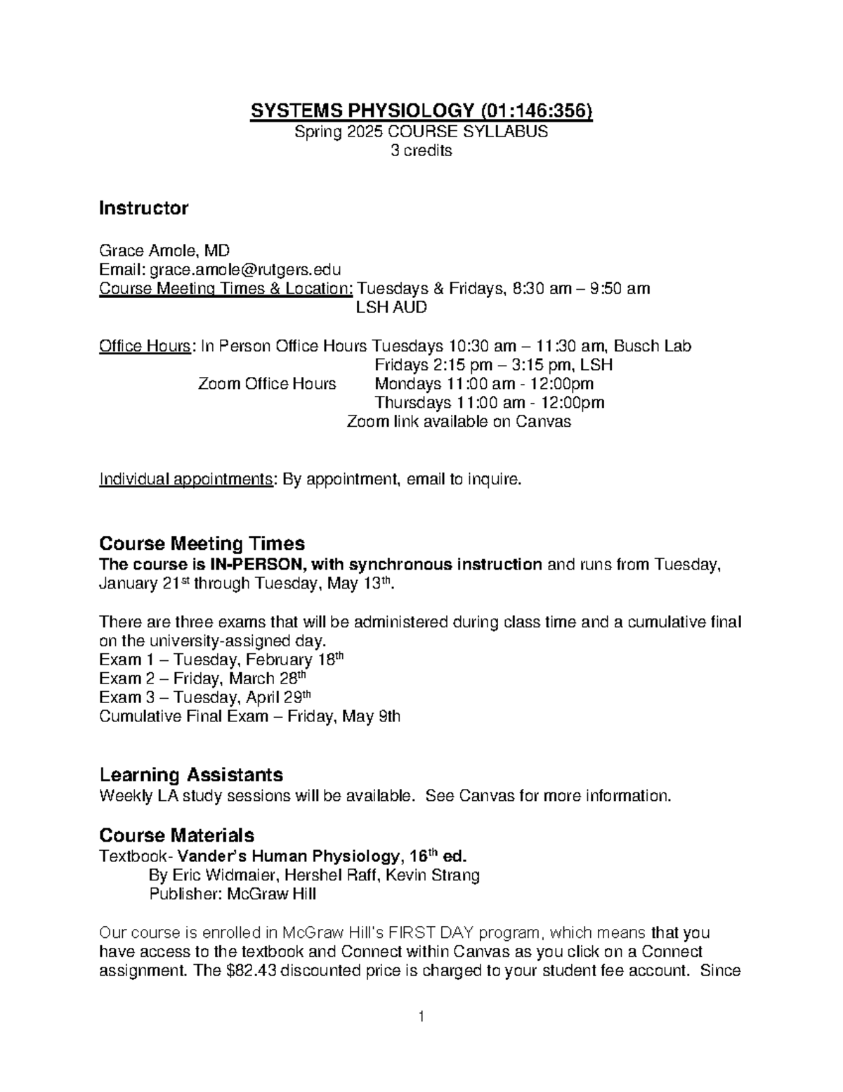 Systems physiology (01:146:356) Spring 2025 course syllabus and ...