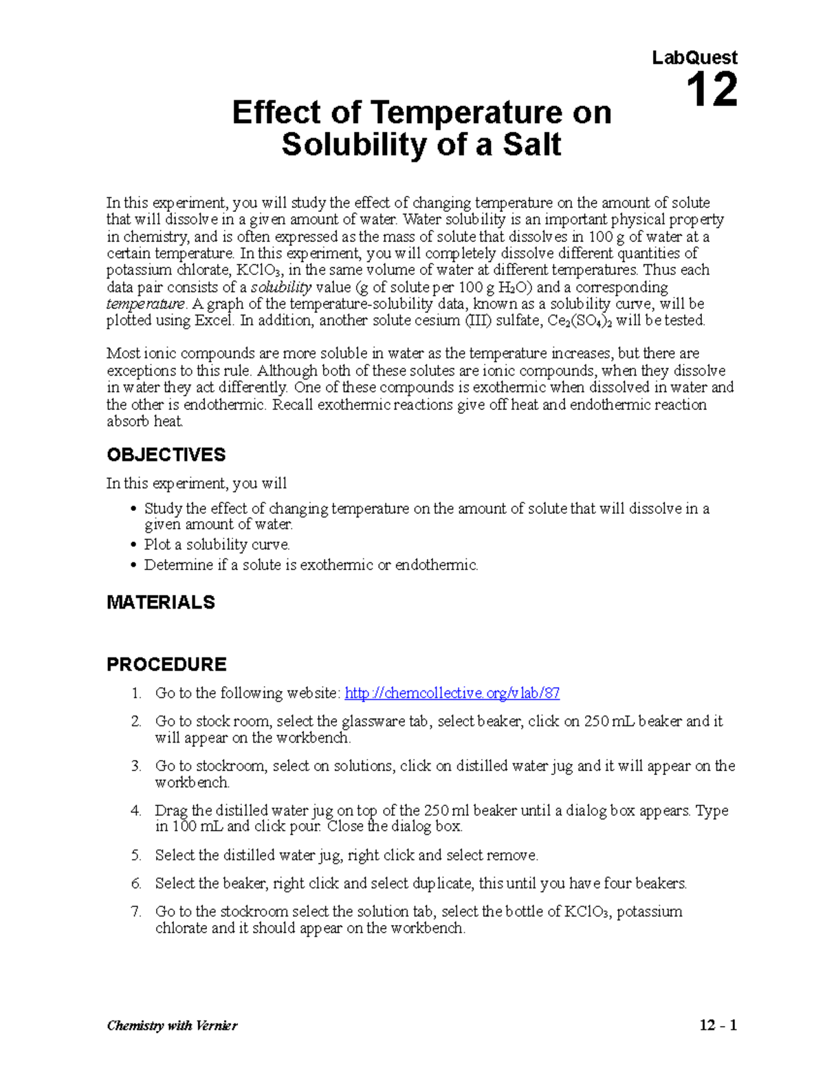 Effect of Temperature on Salt Solubility: Chem Collective Lab 12 - Studocu