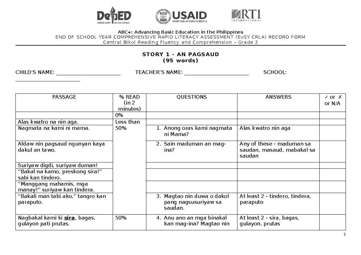 EoSY CRLA Record Form: Central Bikol Reading Fluency & Comprehension ...