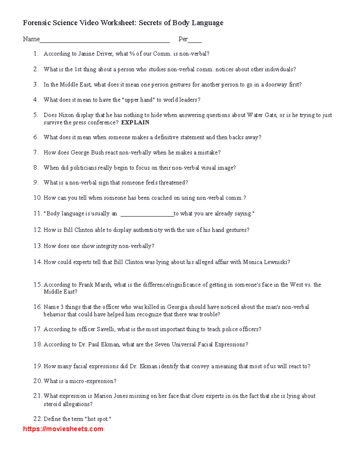 Body language - Worksheet - Forensic Science Video Worksheet: Secrets ...