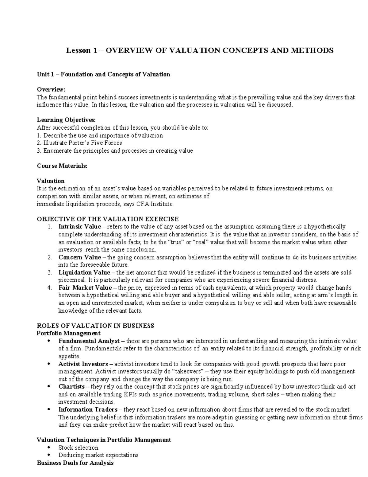 559411433 Lesson 1 Overview OF Valuation Concepts AND Methods - Lesson ...