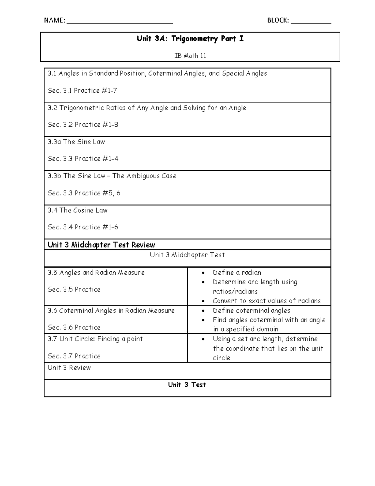 Unit 3A: Trigonometry Notes for IB Math 11 - Angles & Ratios - Studocu
