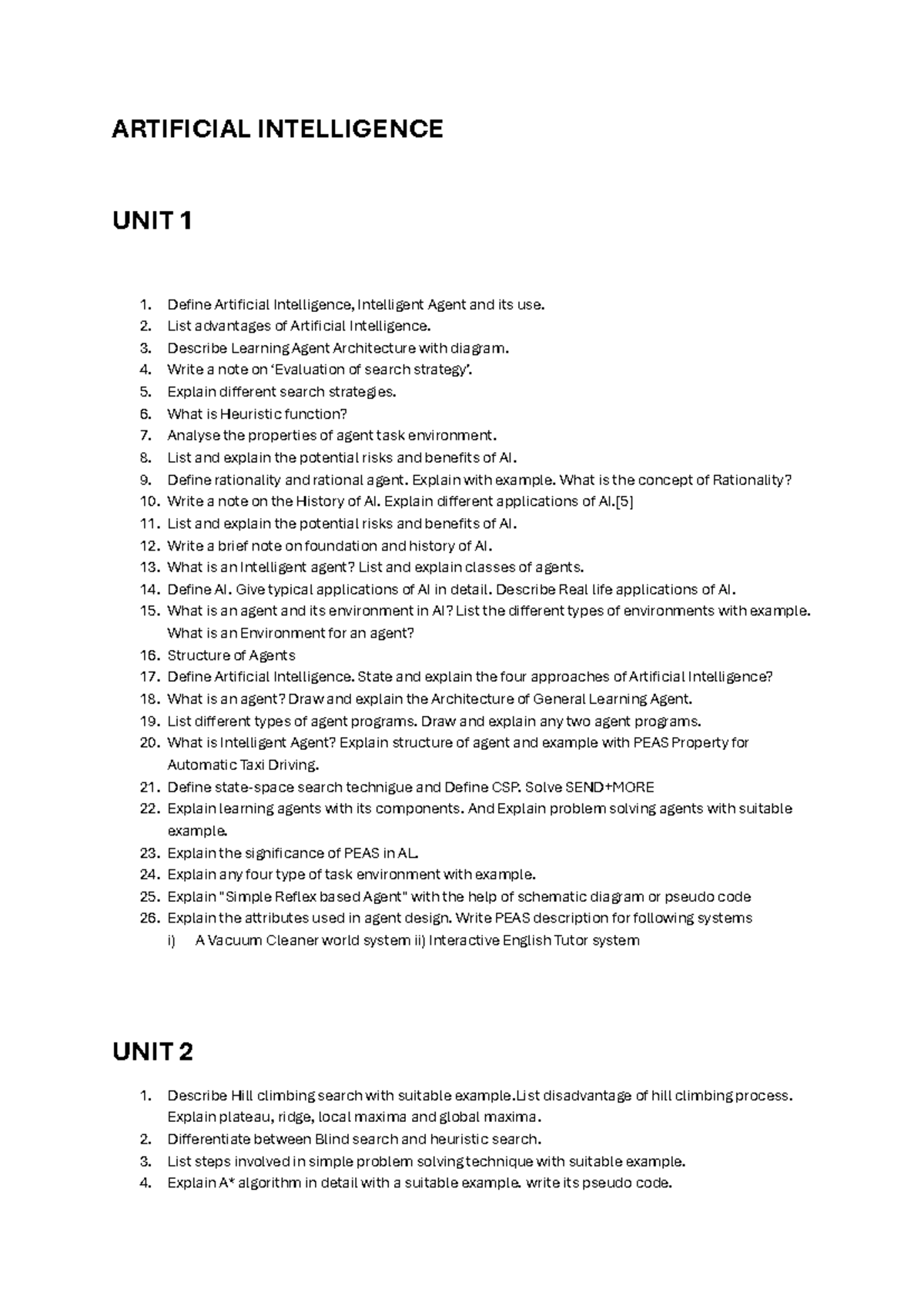 Artificial Intelligence QB: Unit 1 & 2 Study Guide - Studocu