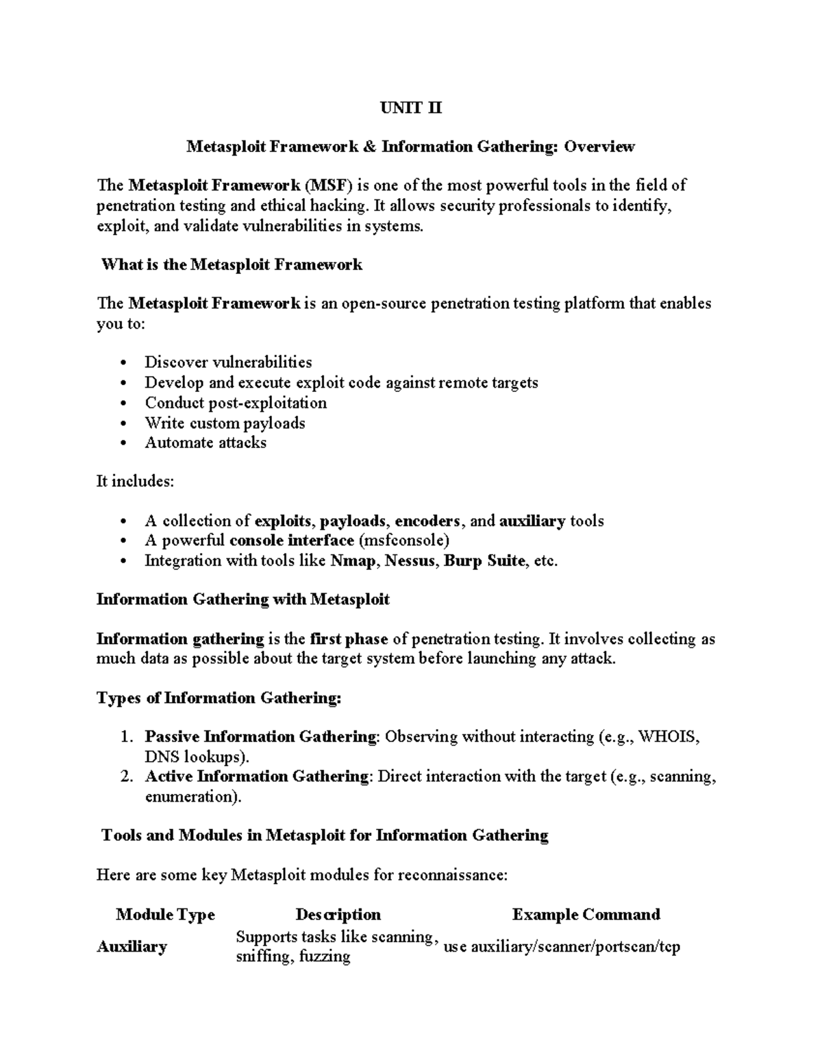 UNIT II: Overview of Information Gathering with Metasploit Framework ...