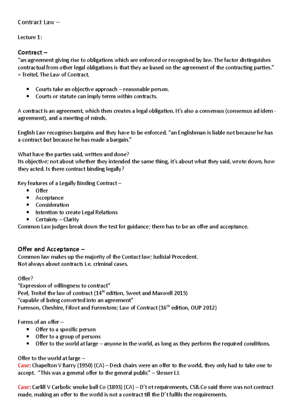 Contract Law Lecture Notes (LAW101) - Key Concepts and Cases - Studocu