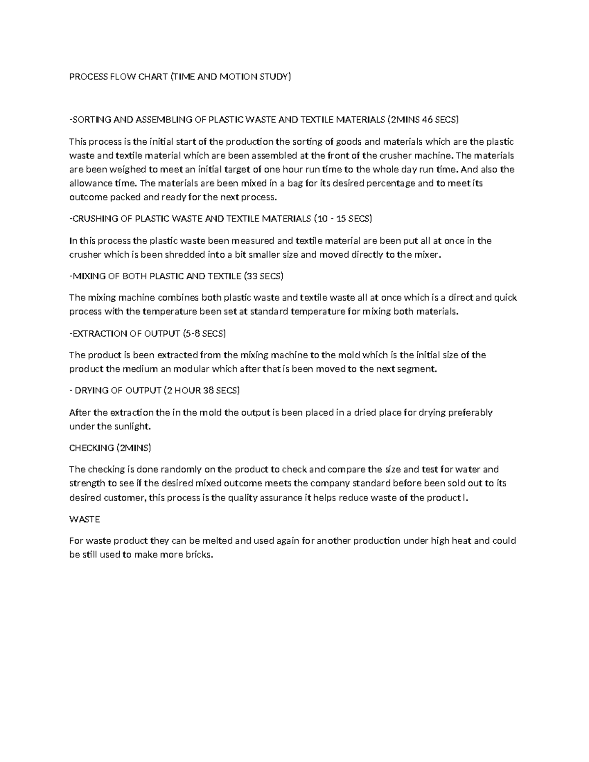 FLOW Chart Feasiblility - PROCESS FLOW CHART (TIME AND MOTION STUDY ...