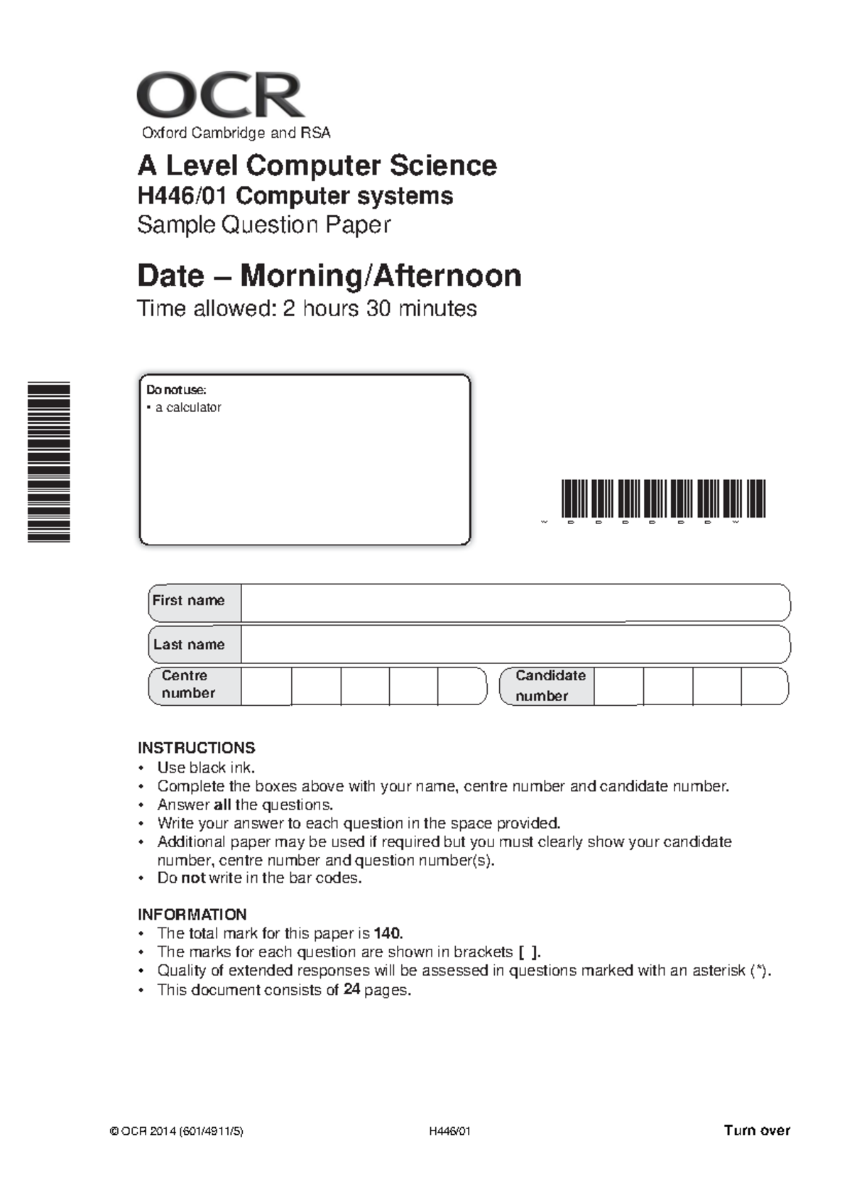 A Level Computer Science H446: Computer Systems Sample Assessment ...