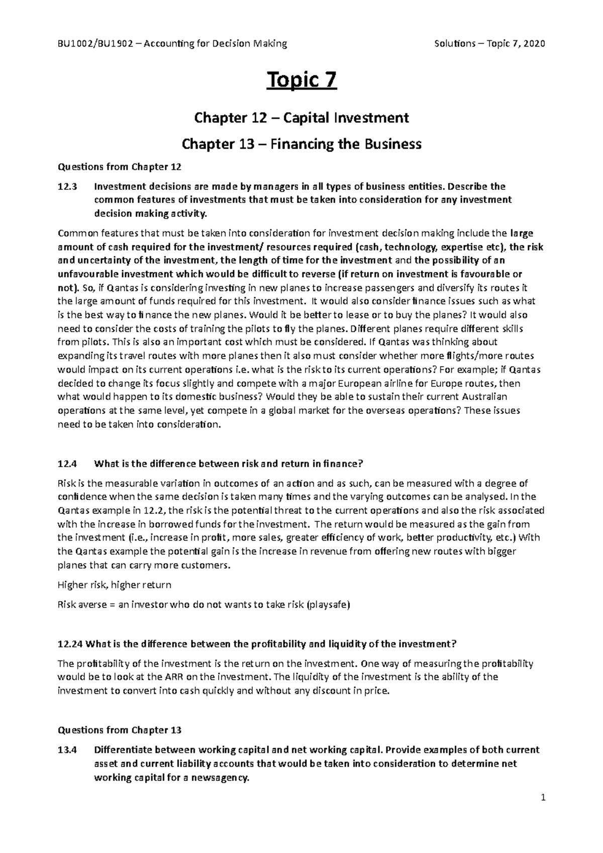 Tutorial 7 BU1002 Insights on Capital Investment & Business Financing ...