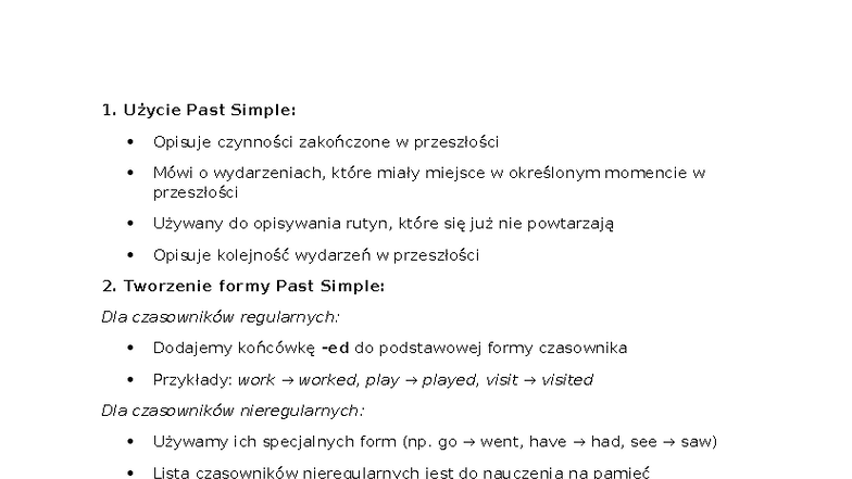 Past Simple: Zasady i Przykłady Czasu Przeszłego - Studocu