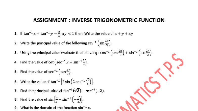 Assignment on Inverse Trigonometric Functions (MATH 101) - Studocu