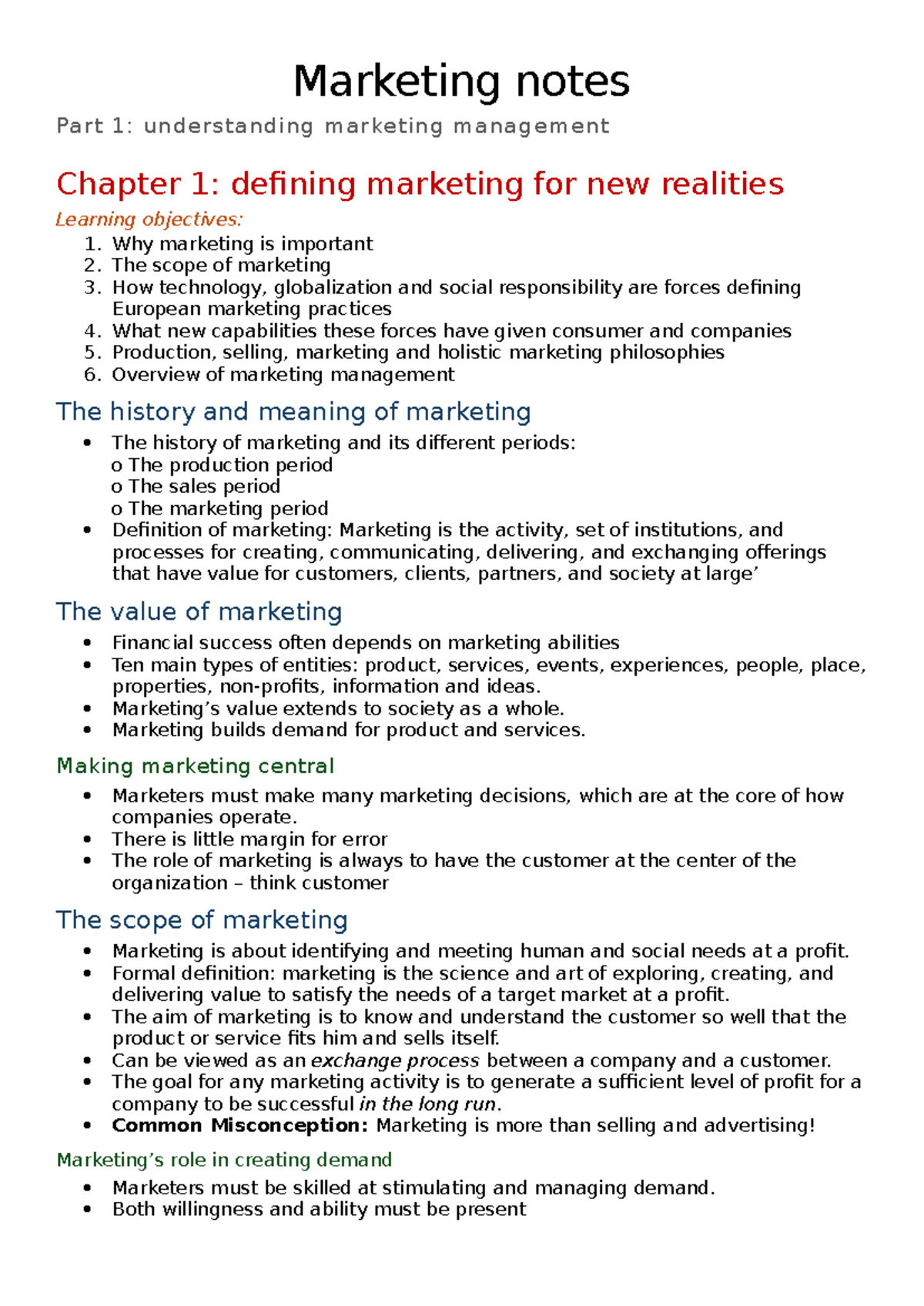 Marketing Management Notes - Chapters Overview for MF-102 - Studocu