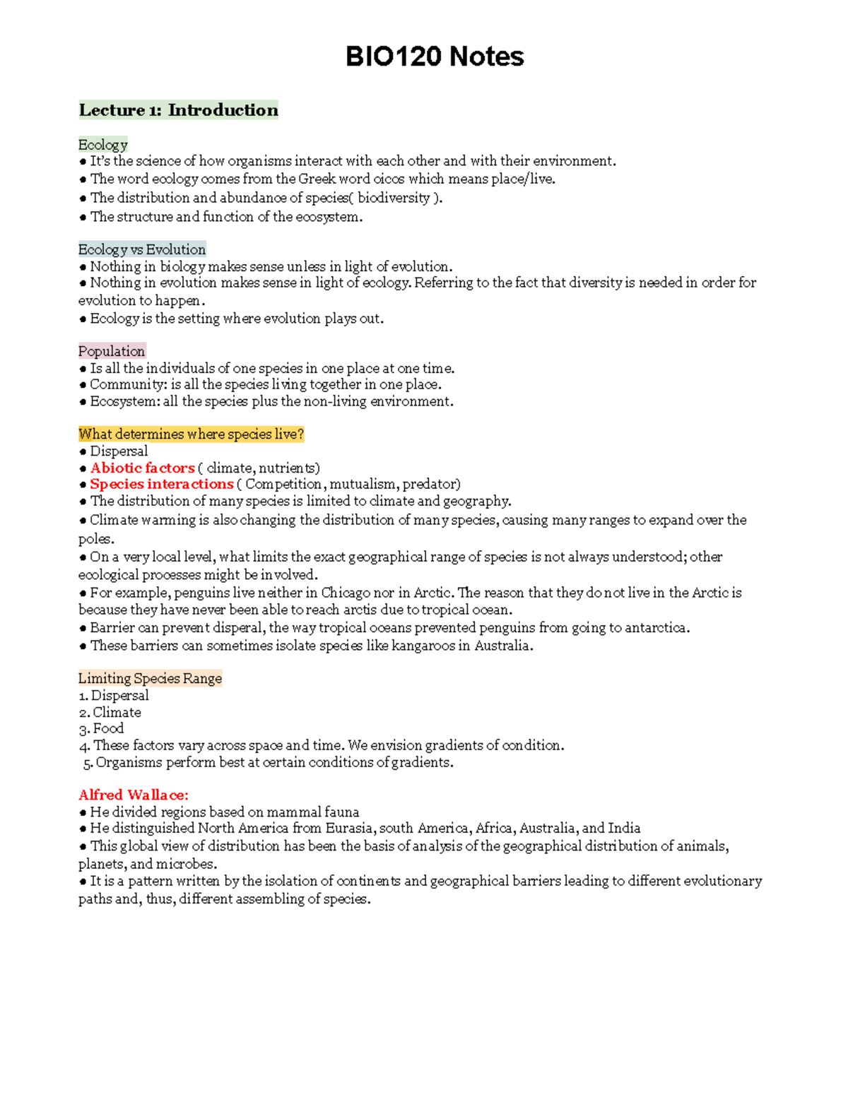 BIO120 Lecture Notes: Introduction to Ecology and Evolution Concepts ...