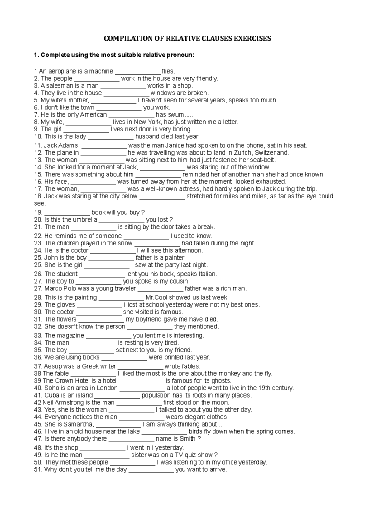Relative Clauses Exercises (Including Answers) - ENG 101 - Studocu