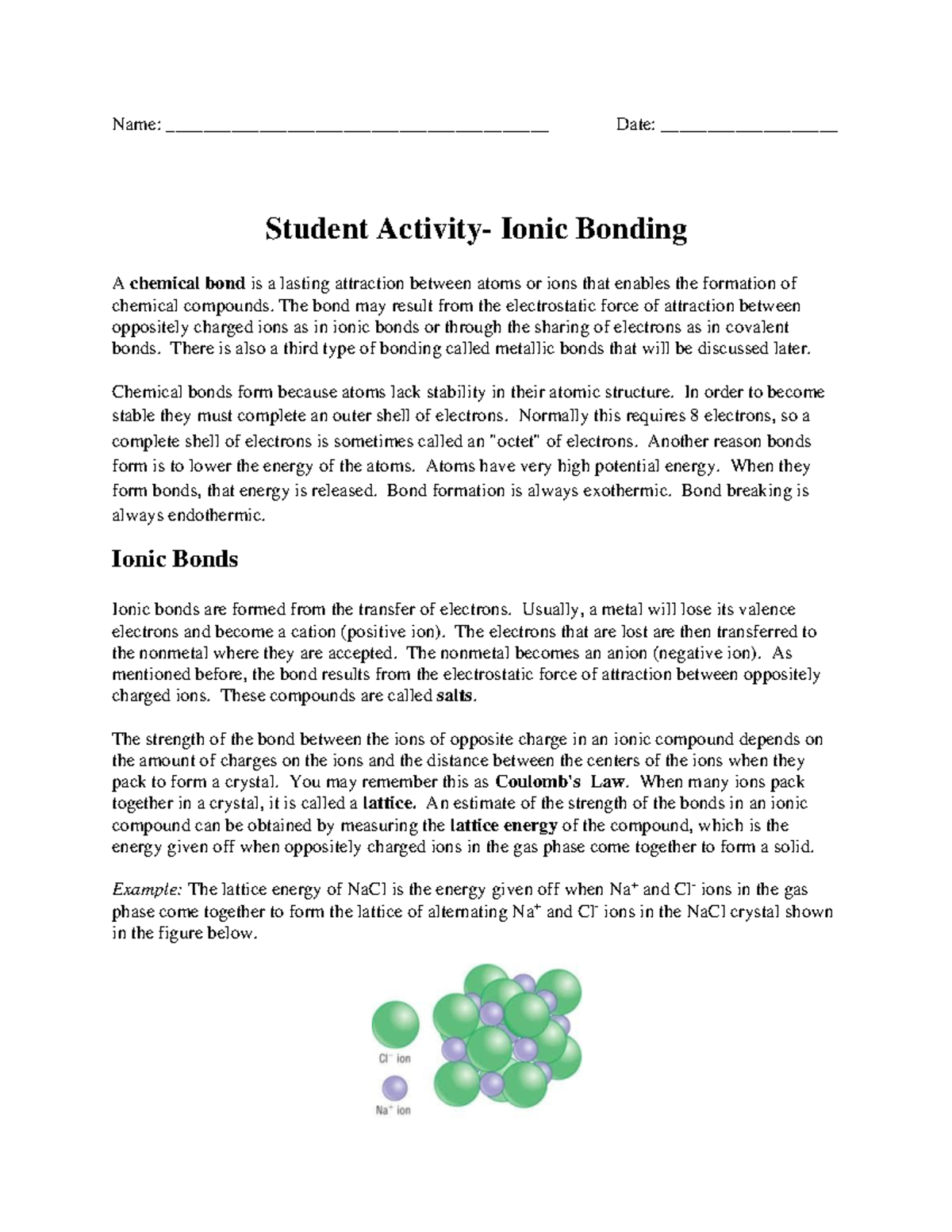 3. Student Activity - Understanding Ionic Bonding Concepts - Studocu