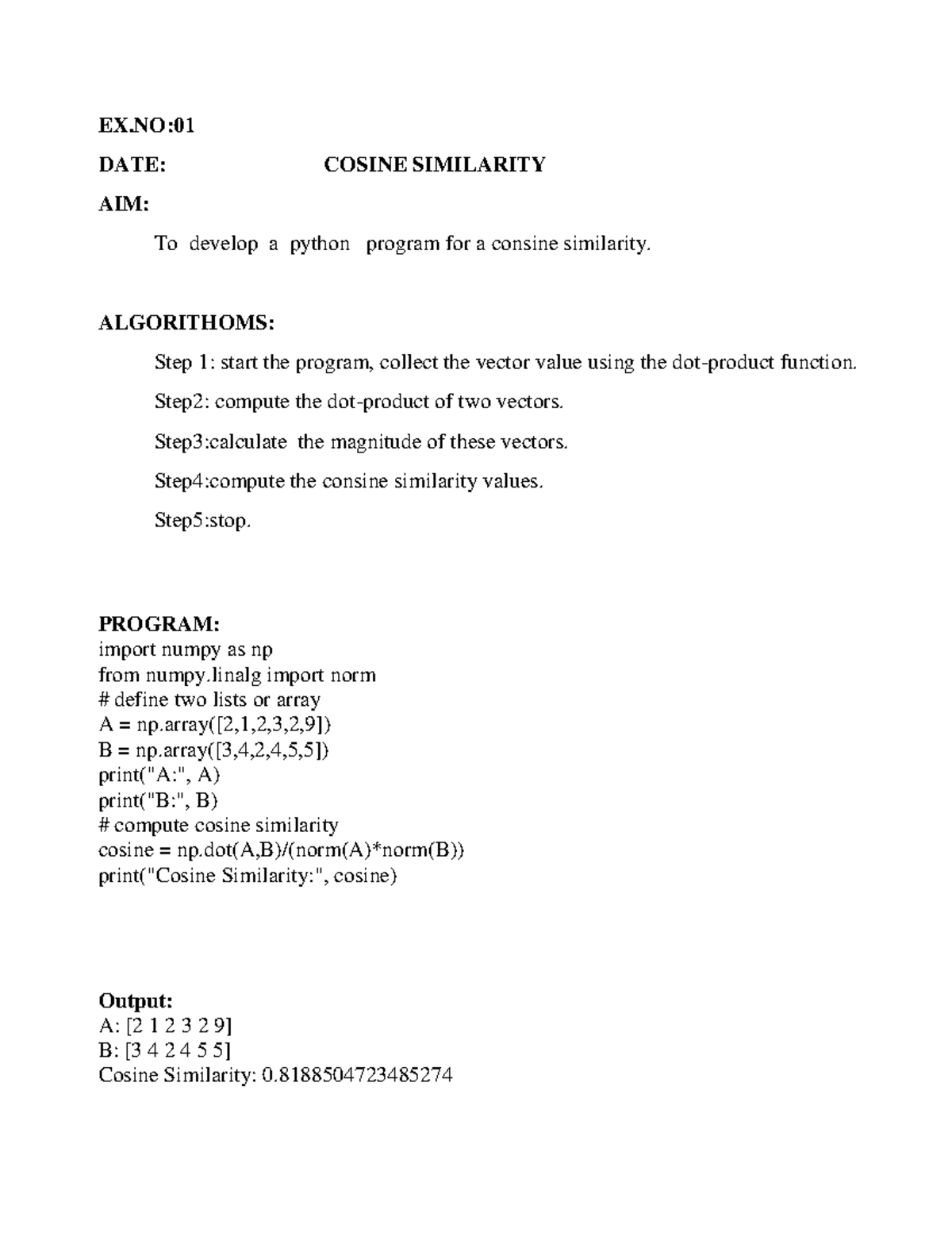 RS LAB-CCS360 - Practical material - EX: DATE: COSINE SIMILARITY AIM ...