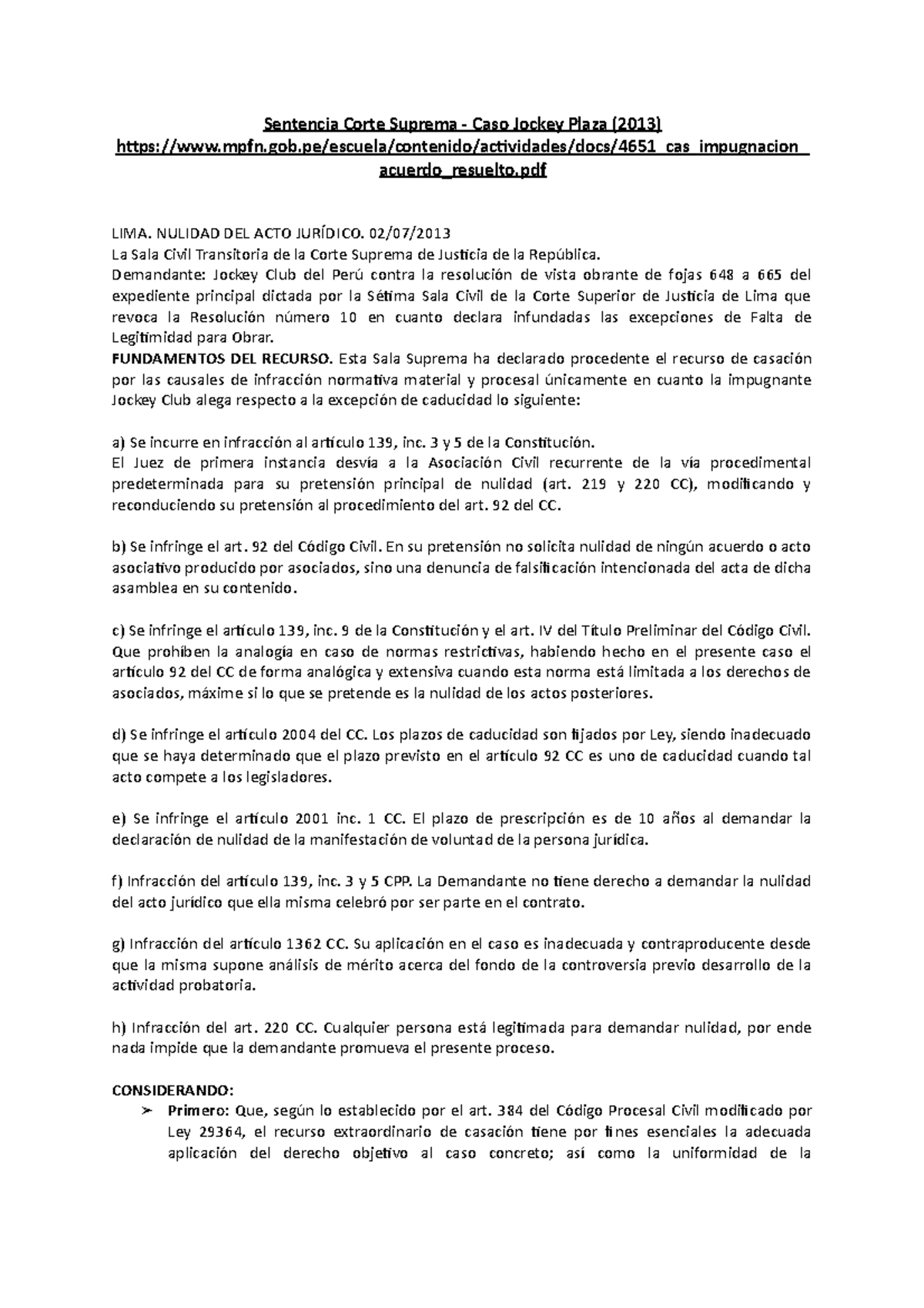 Sentencia Corte Suprema sobre Nulidad en Caso Jockey Plaza (2013) - Studocu