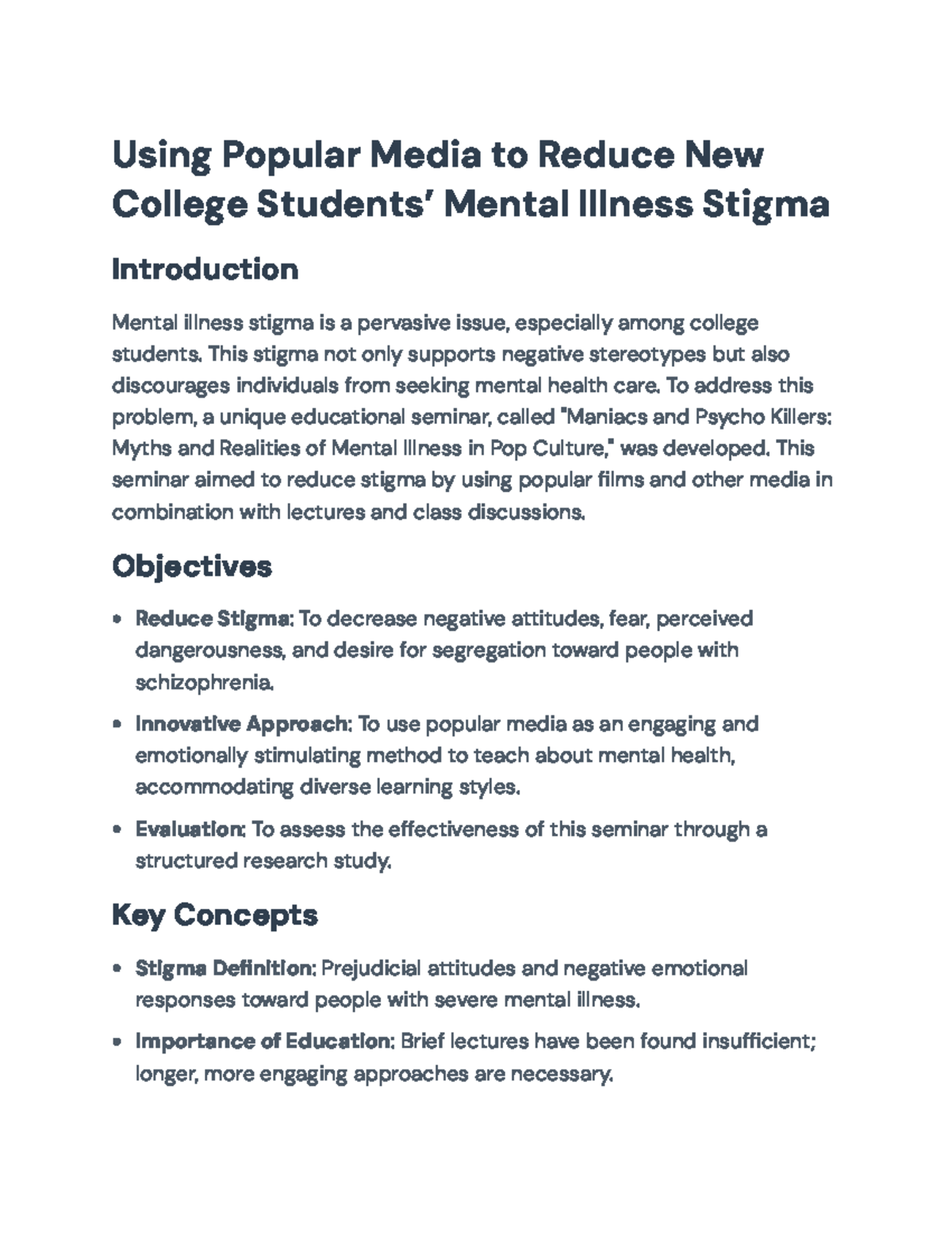 Reducing Mental Illness Stigma in College Students: Seminar Overview ...