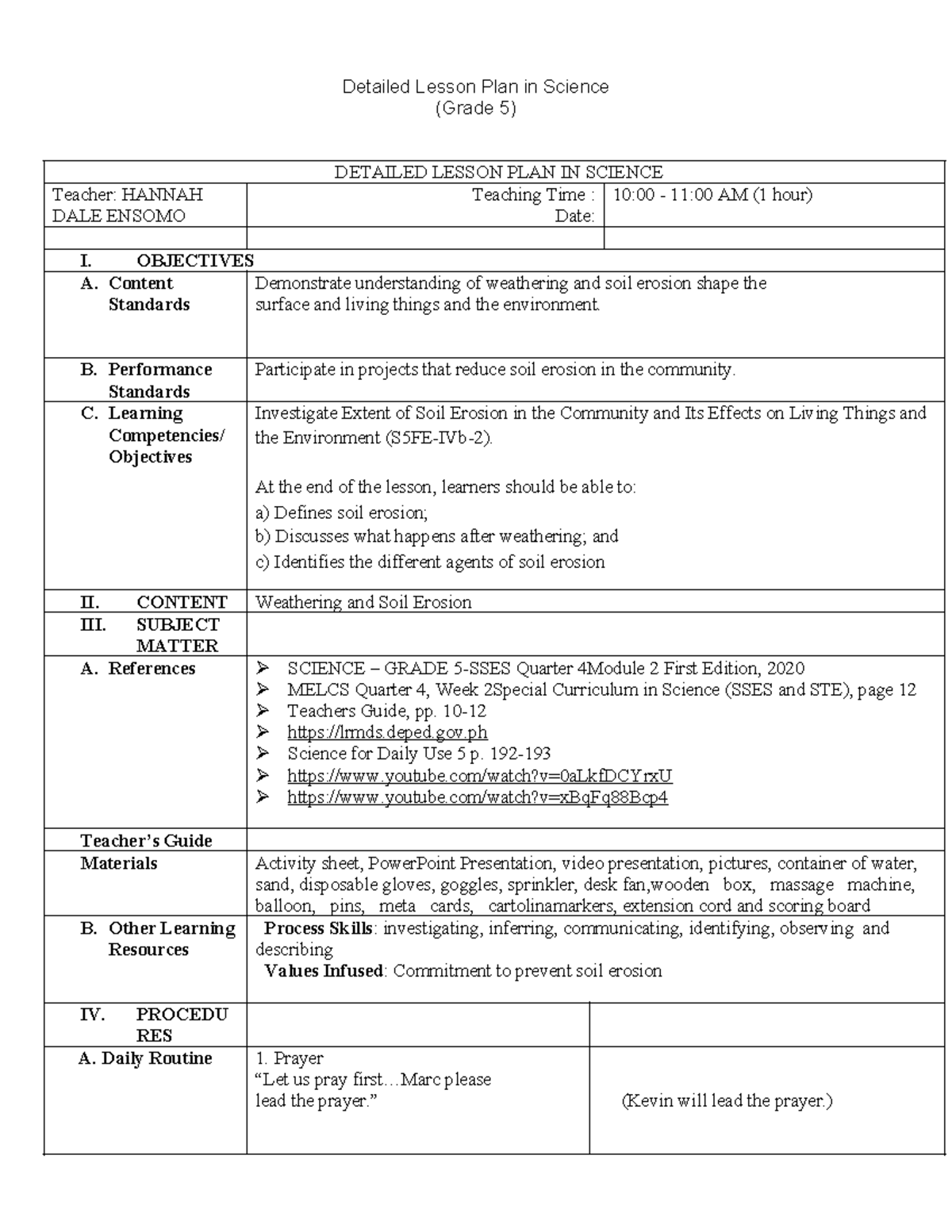 Grade 5 LP - L;XKCL;AdsJF;AJS - Detailed Lesson Plan in Science (Grade ...