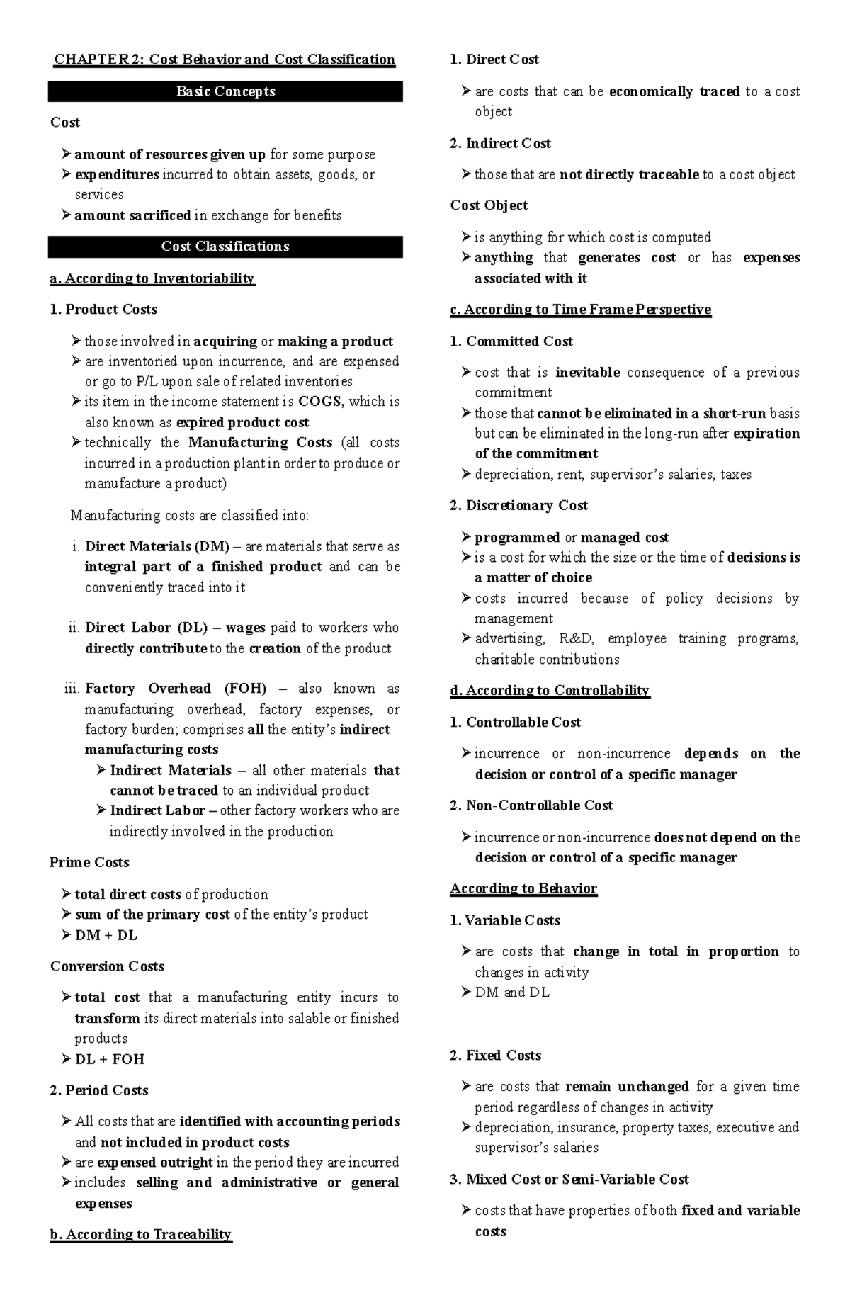 CHAPTER 2: Cost Behavior & Classification Concepts - Reviewer - Studocu